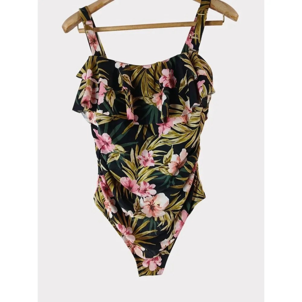 Kona Sol 16W Black Green Pink Floral Ruffle Front One Piece Swimsuit 16W Plus - Picture 1 of 13